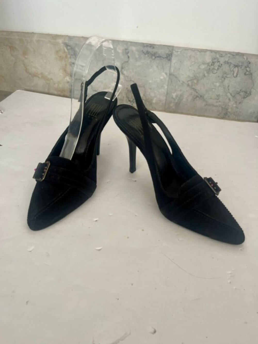 Pelle Black Suede Pointed Toe Slingback Buckle Stiletto Heels Pumps Size 6.5